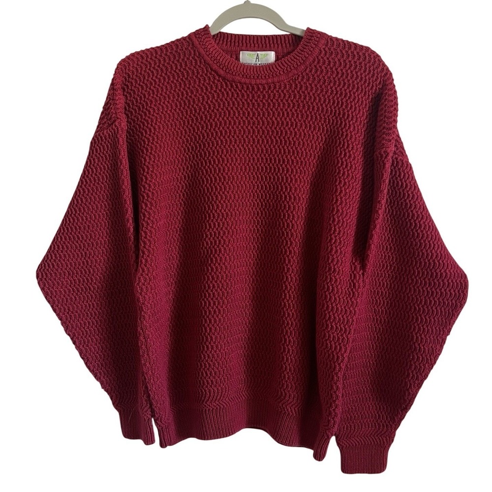 Vintage 90s Red Cotton Fisherman Knit Sweater Traditional Coastal Large‎